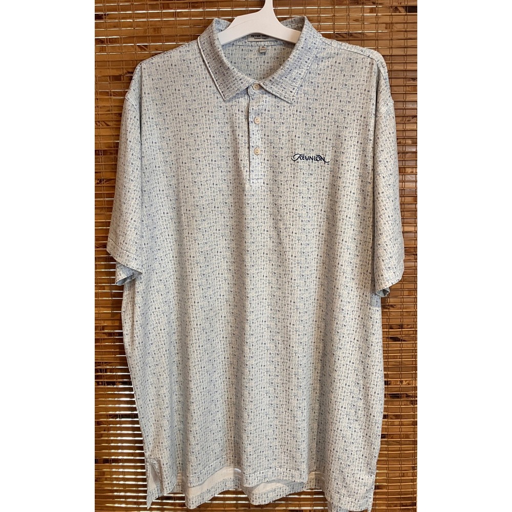 Peter Millar Summer Comfort Polo Shirt Mens XL Blue Cocktail Drink Print Reunion